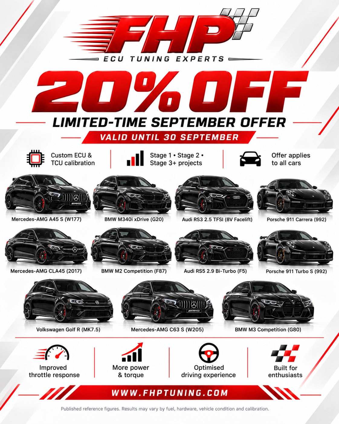 Archived FHP September promotional artwork featuring illustrated performance cars